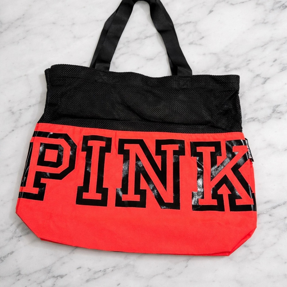 Victoria’s Secret PINK Large Mesh Tote Bag Black & Neon Pink NEW